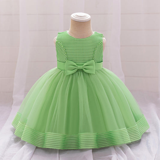 Cute A-Line Tulle Tea Length Dress with Bows & Ruffles for Girls (9M-4Y)