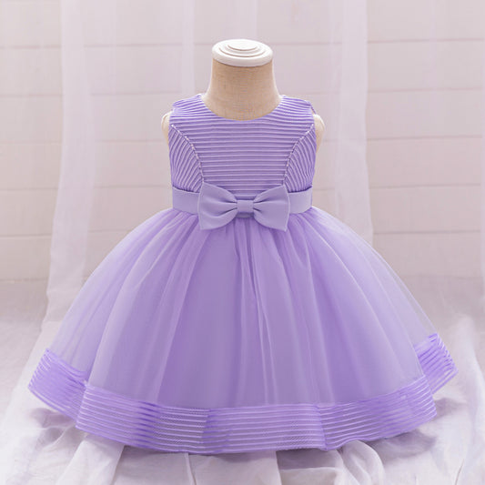 Cute A-Line Tulle Tea Length Dress with Bows & Ruffles for Girls (9M-4Y)