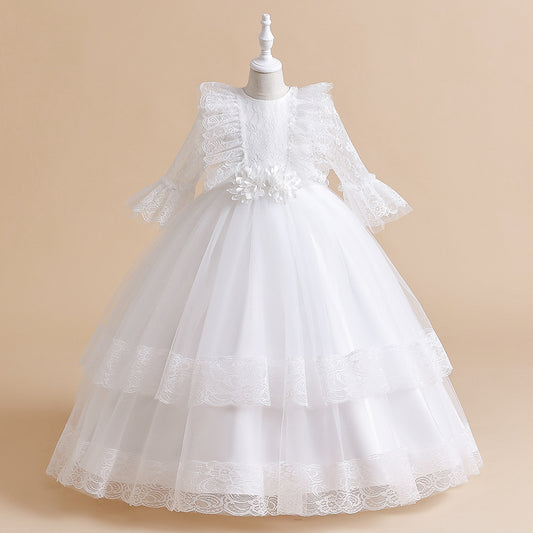 Cute Girls A-Line Tulle Maxi Dress with Lace, Ruffles & Appliques | Party & Flower Girl Gown