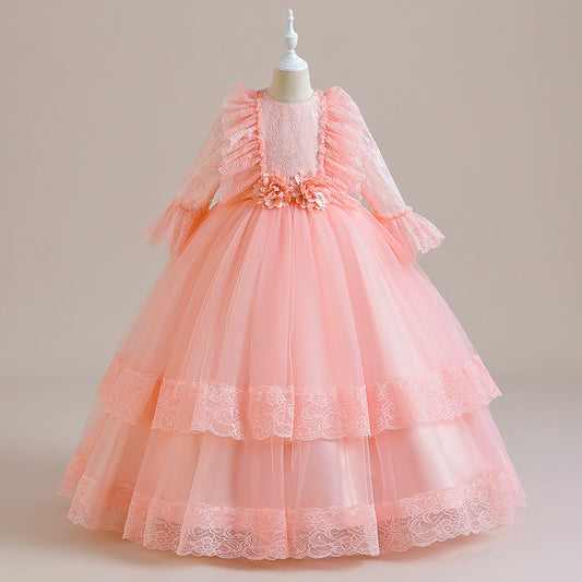 Cute Girls A-Line Tulle Maxi Dress with Lace, Ruffles & Appliques | Party & Flower Girl Gown
