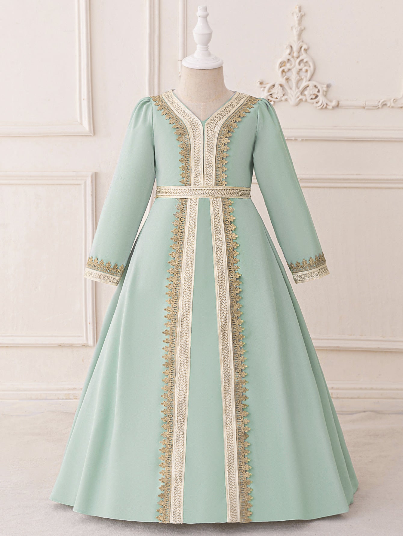A-Line Light Green Lace Maxi Dress for Girls | Cute Formal Long Sleeve Gown