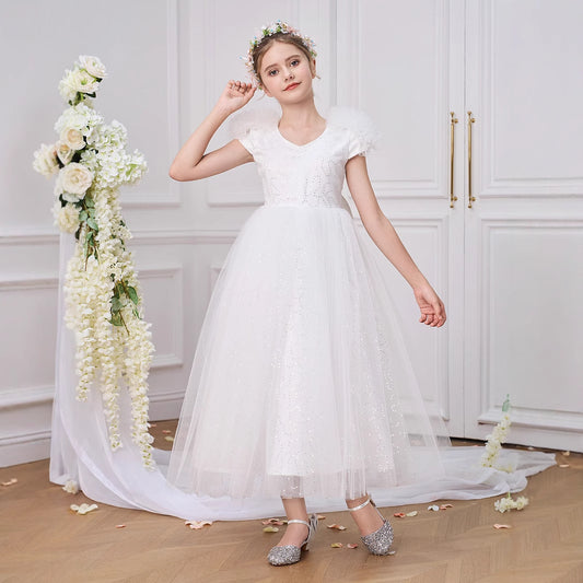 White Tulle Flower Girl Dress – Cute A-Line Party & Formal Dress for Kids (5-13Y)