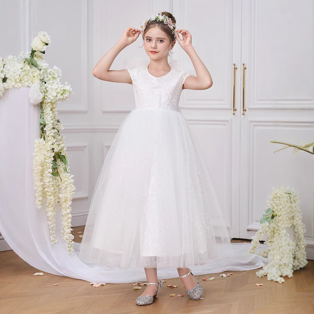 White Tulle Flower Girl Dress – Cute A-Line Party & Formal Dress for Kids (5-13Y)