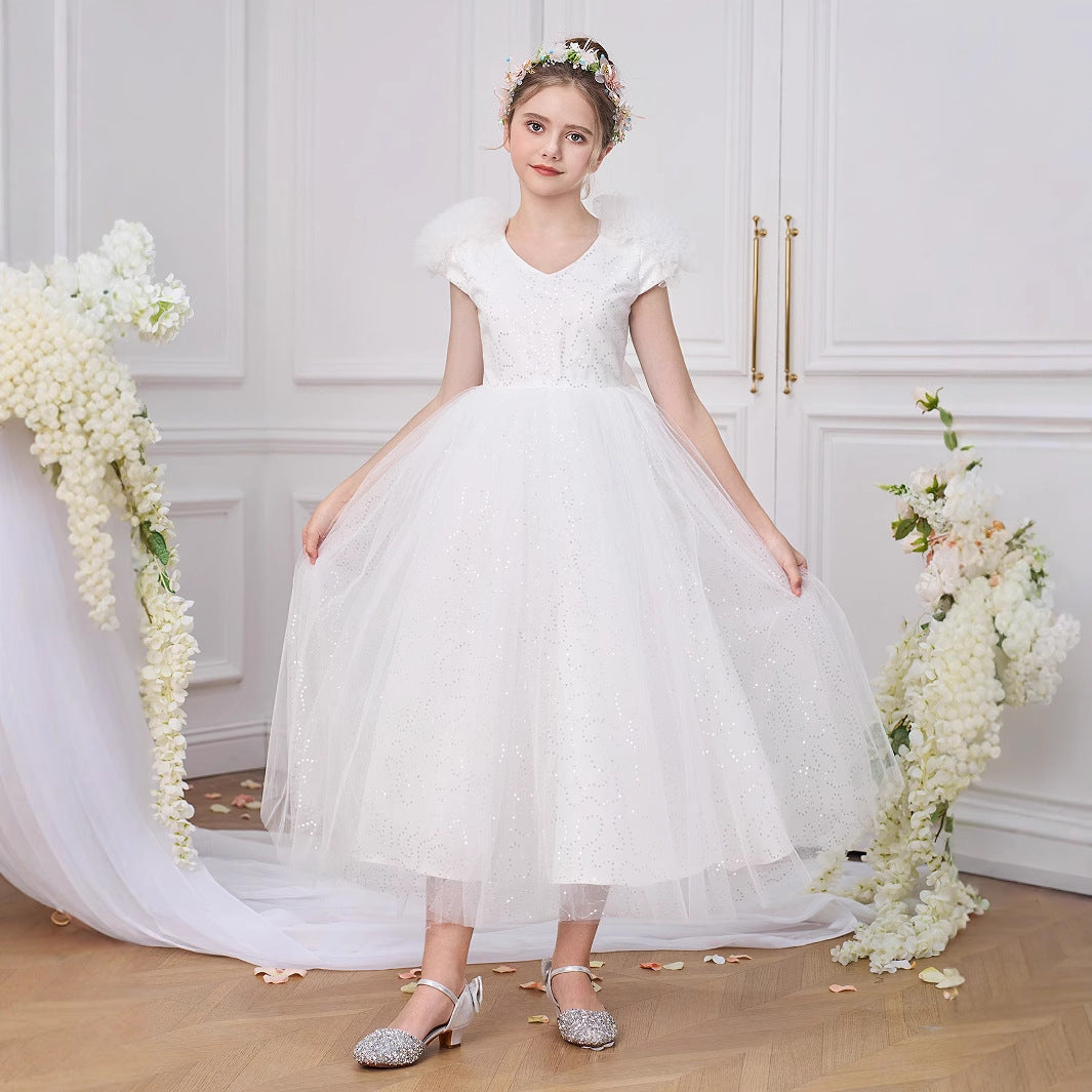 White Tulle Flower Girl Dress – Cute A-Line Party & Formal Dress for Kids (5-13Y)