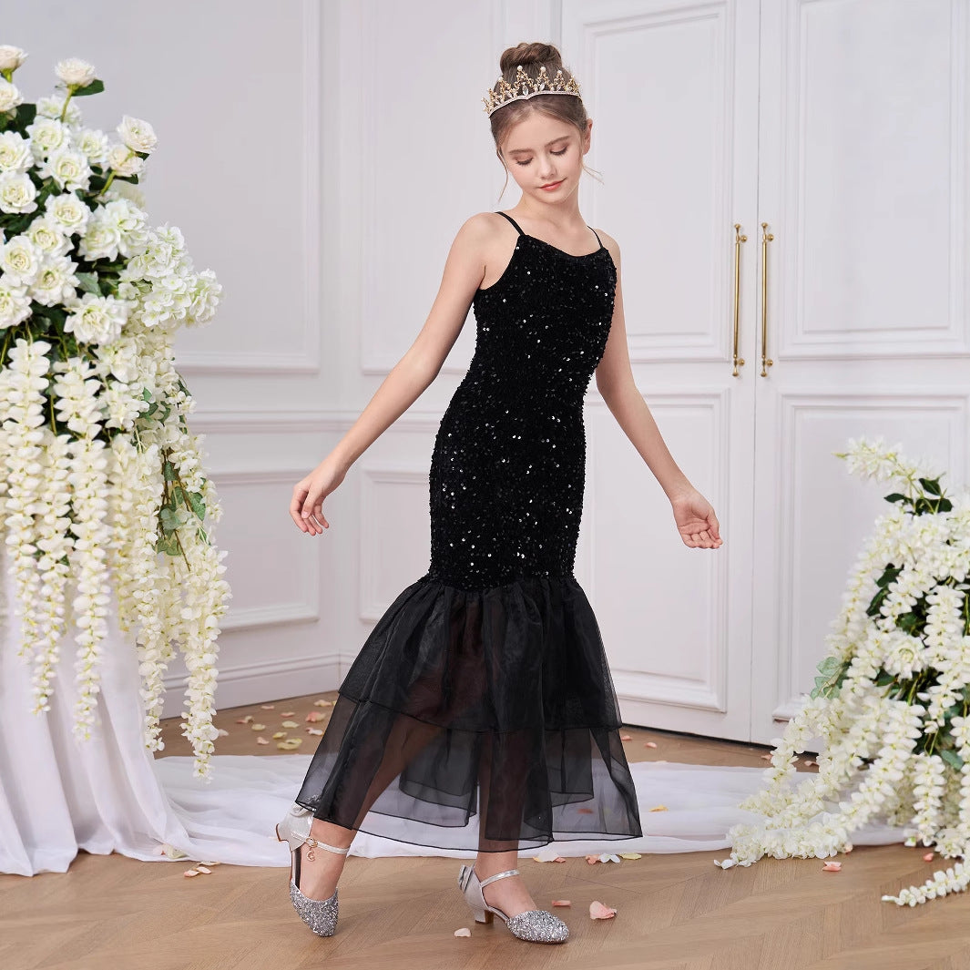 Girls' Black Sequin Mermaid Maxi Dress – Cute Party & Formal Gown