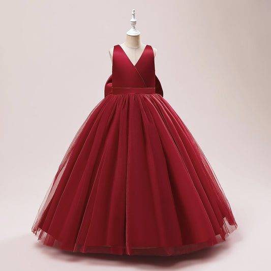 A-Line Bowknot Tulle Flower Girl Maxi Dress | Cute Kids Party Gown