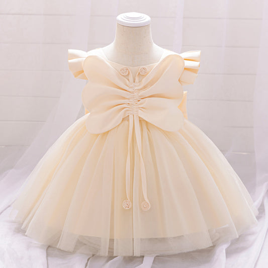Champagne Puffy Princess Dress with Bowknot for Girls – Tea Length Toddler Party Dress