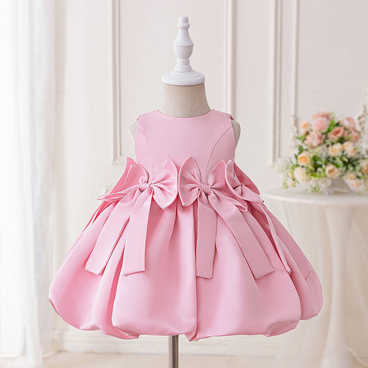 Pink Bowknot Satin Princess Dress – A-Line Tea Length for Girls (9M-4Y)