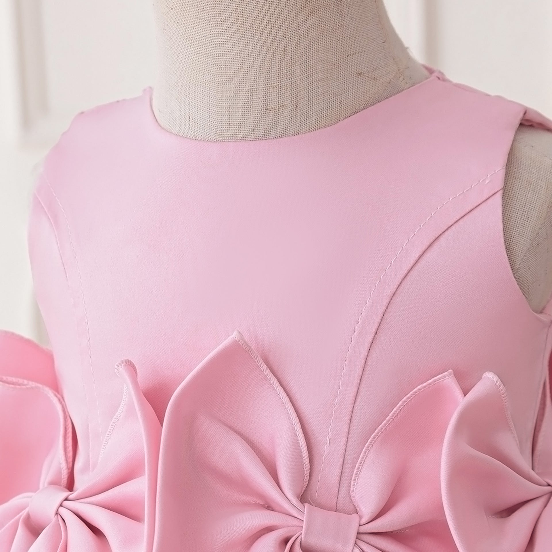 Pink Bowknot Satin Princess Dress – A-Line Tea Length for Girls (9M-4Y)