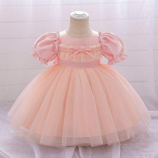 Bubble Sleeve Tulle A-Line Dress for Baby Girls – Tea Length Party & Wedding Outfit