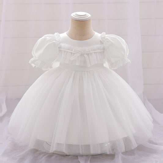 Bubble Sleeve Tulle A-Line Dress for Baby Girls – Tea Length Party & Wedding Outfit