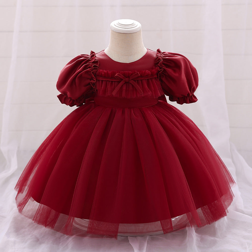 Bubble Sleeve Tulle A-Line Dress for Baby Girls – Tea Length Party & Wedding Outfit
