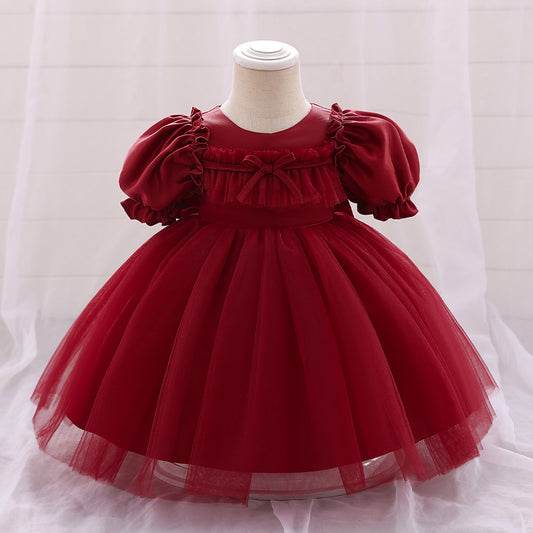 Bubble Sleeve Tulle A-Line Dress for Baby Girls – Tea Length Party & Wedding Outfit