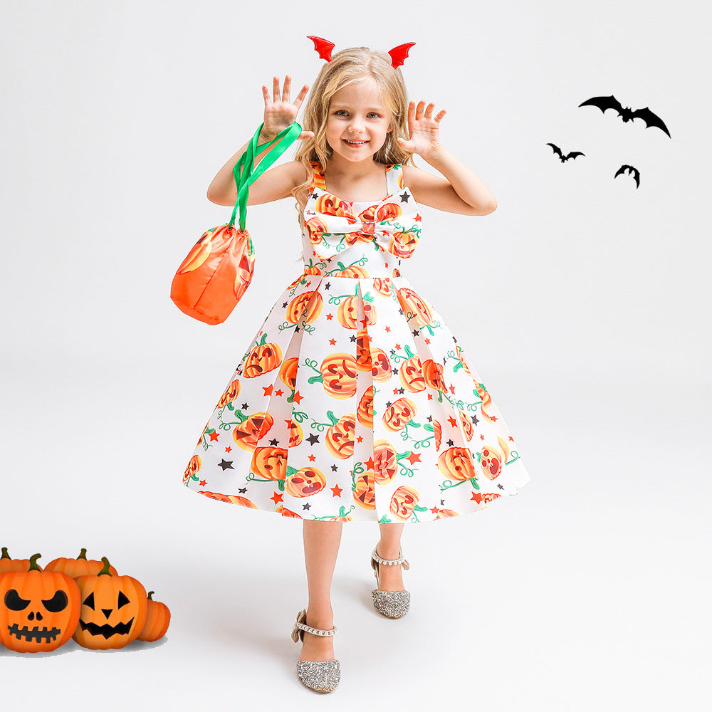 Cute Multicolor Cartoon Tea Length Dress with Bowknot for Girls 2-10Y