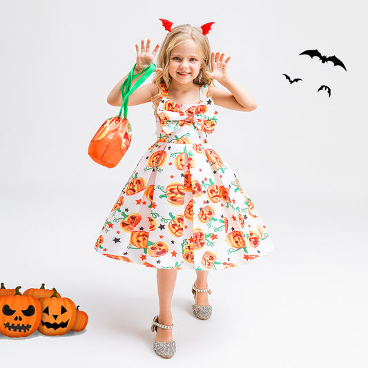 Cute Multicolor Cartoon Tea Length Dress with Bowknot for Girls 2-10Y
