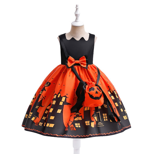 Orange Cartoon Print Ruffle Satin Dress for Girls | Cute Bow Princess Cosplay Outfit