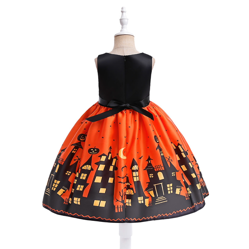 Orange Cartoon Print Ruffle Satin Dress for Girls | Cute Bow Princess Cosplay Outfit