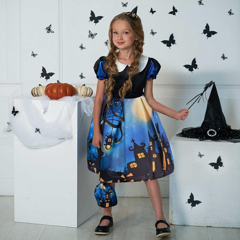 Cute Cartoon Print Princess Dress – A-Line Ruffle Tea Length for Girls