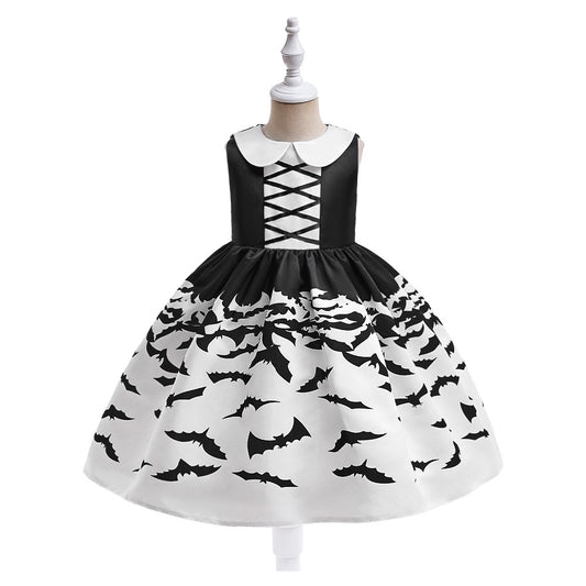 Cute Cartoon Satin A-line Princess Dress for Girls (Black) - Halloween & Party Ready