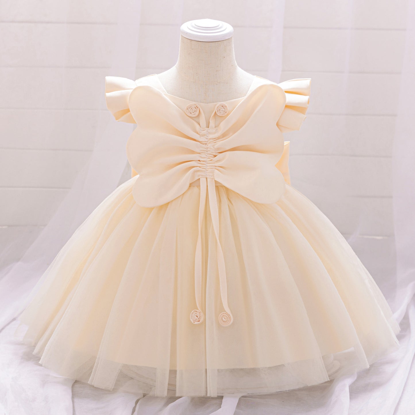 Champagne Puffy Flower Girl Dress for Toddlers – Cute Bowknot Ball Gown