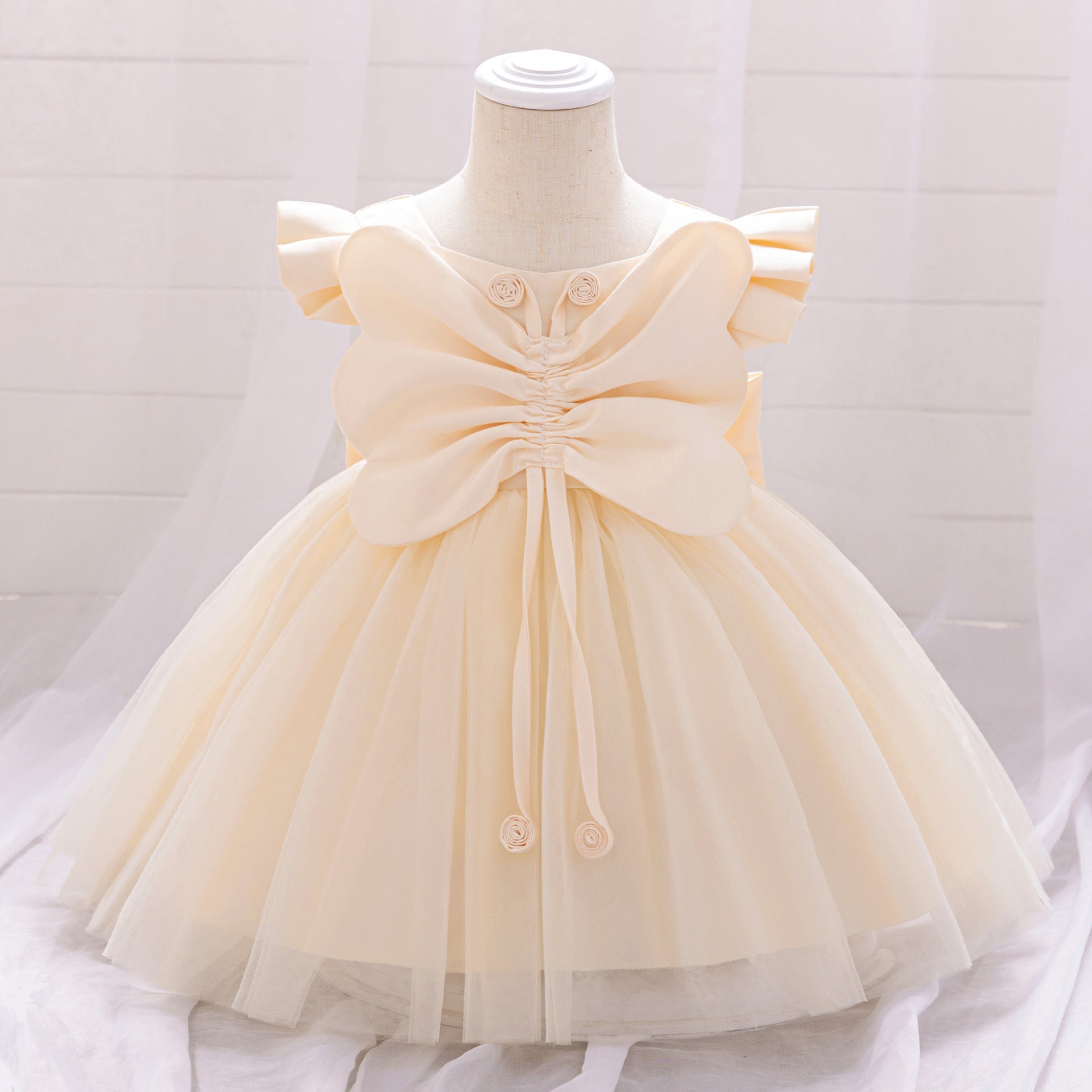 Champagne Puffy Flower Girl Dress for Toddlers – Cute Bowknot Ball Gown