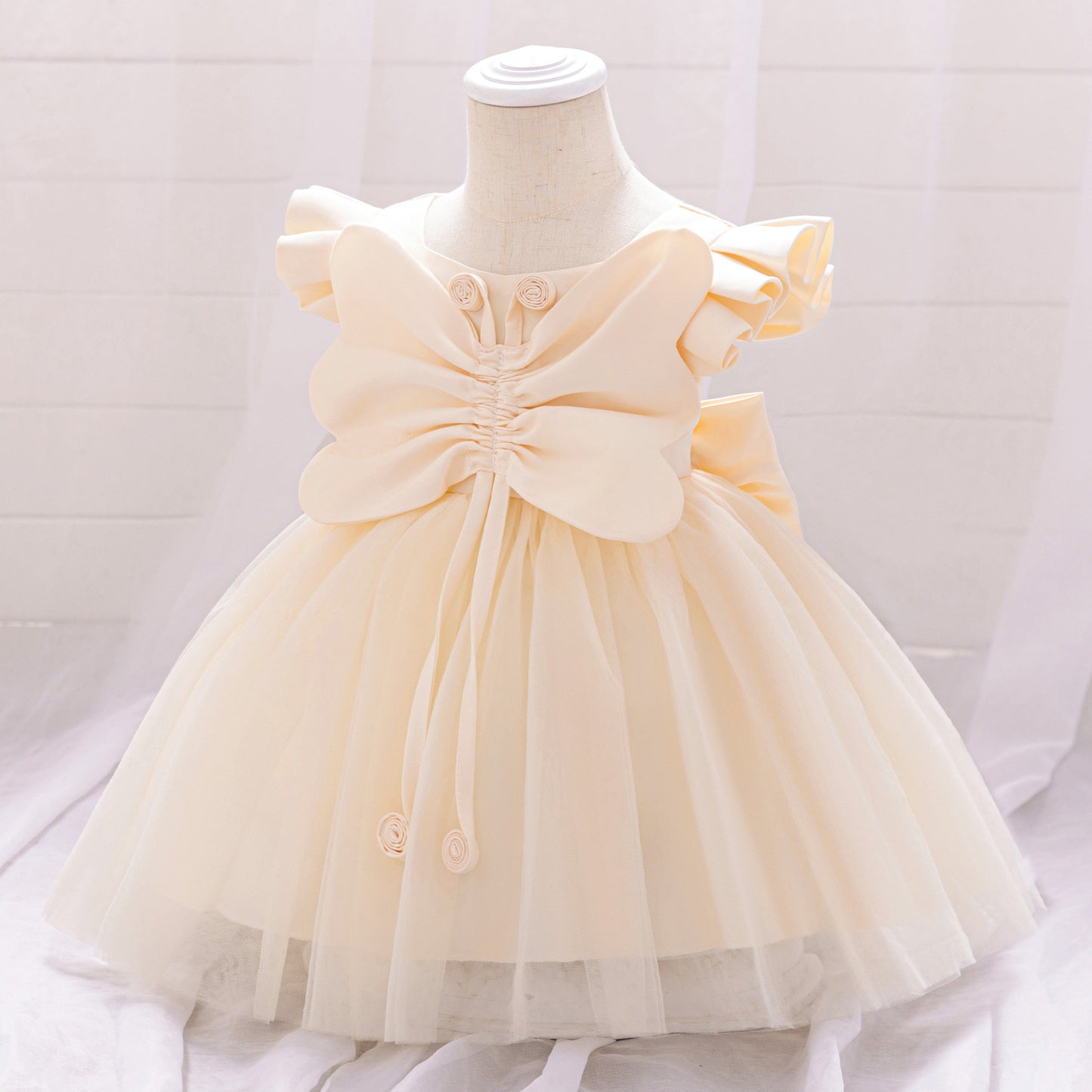 Champagne Puffy Flower Girl Dress for Toddlers – Cute Bowknot Ball Gown