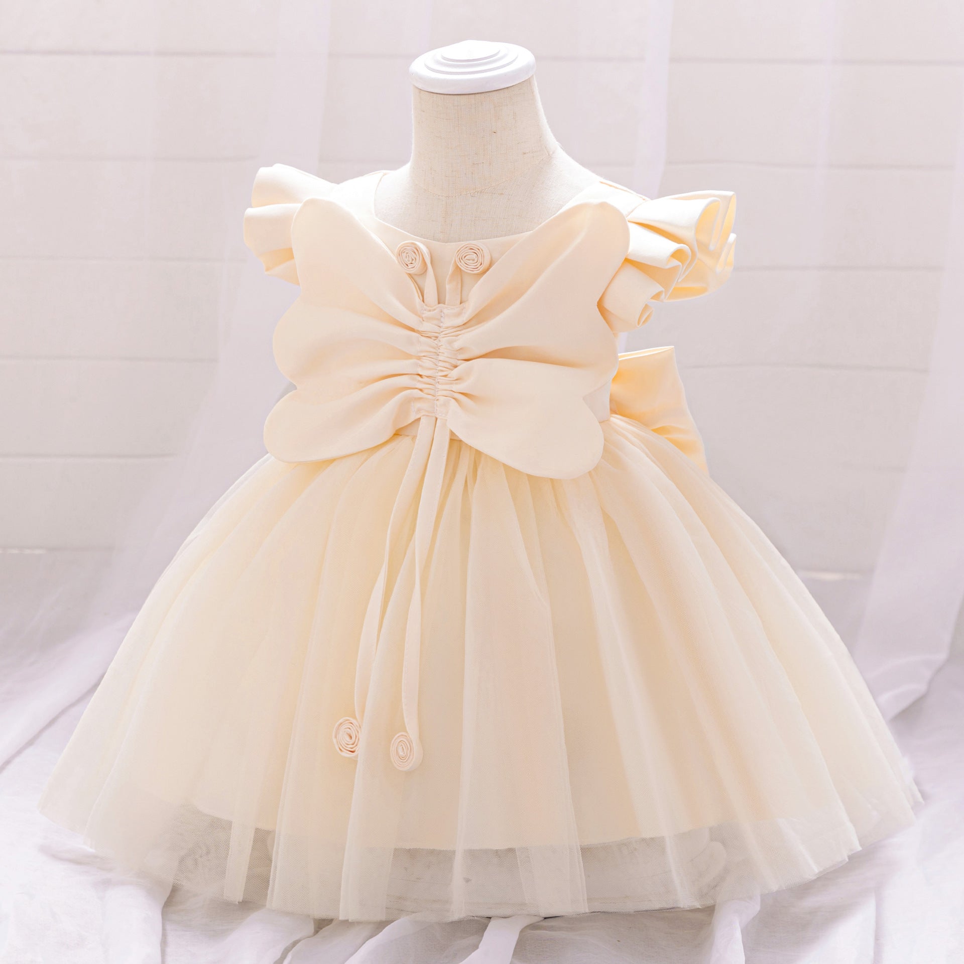 Champagne Puffy Flower Girl Dress for Toddlers – Cute Bowknot Ball Gown