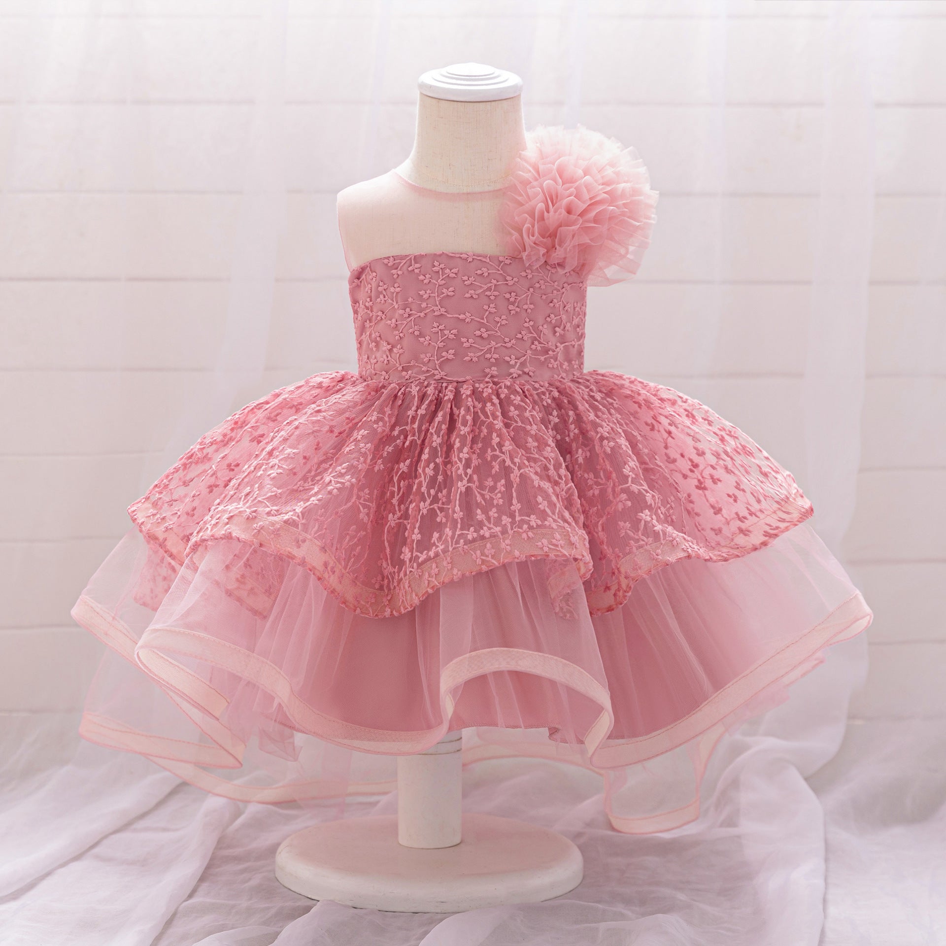 Pink Embroidered High-Low Ball Gown Dress for Toddlers | Party & Flower Girl Outfit