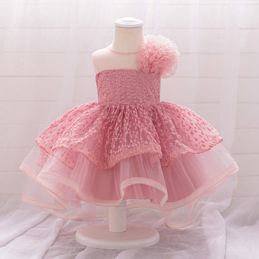 Pink Embroidered High-Low Ball Gown Dress for Toddlers | Party & Flower Girl Outfit