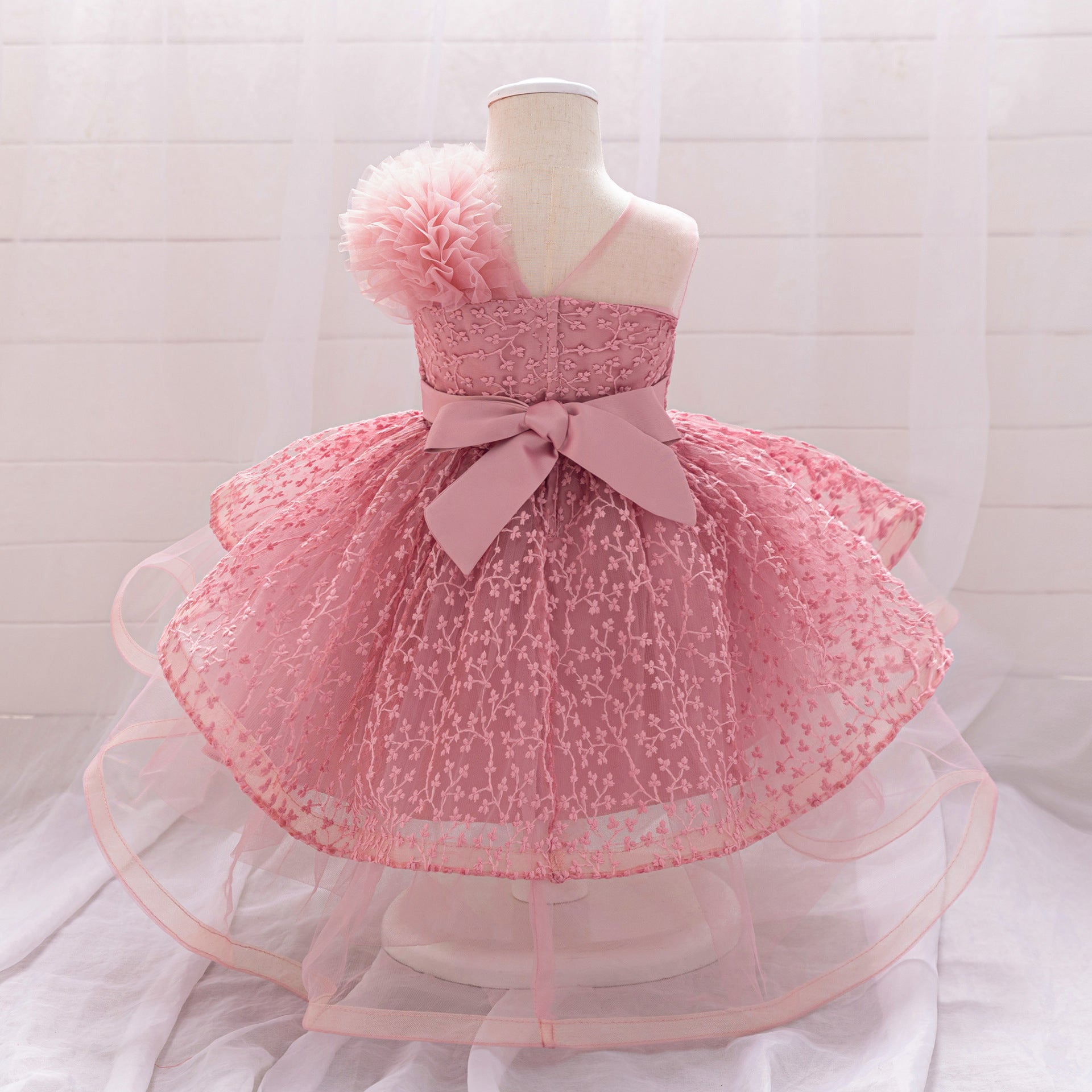 Pink Embroidered High-Low Ball Gown Dress for Toddlers | Party & Flower Girl Outfit