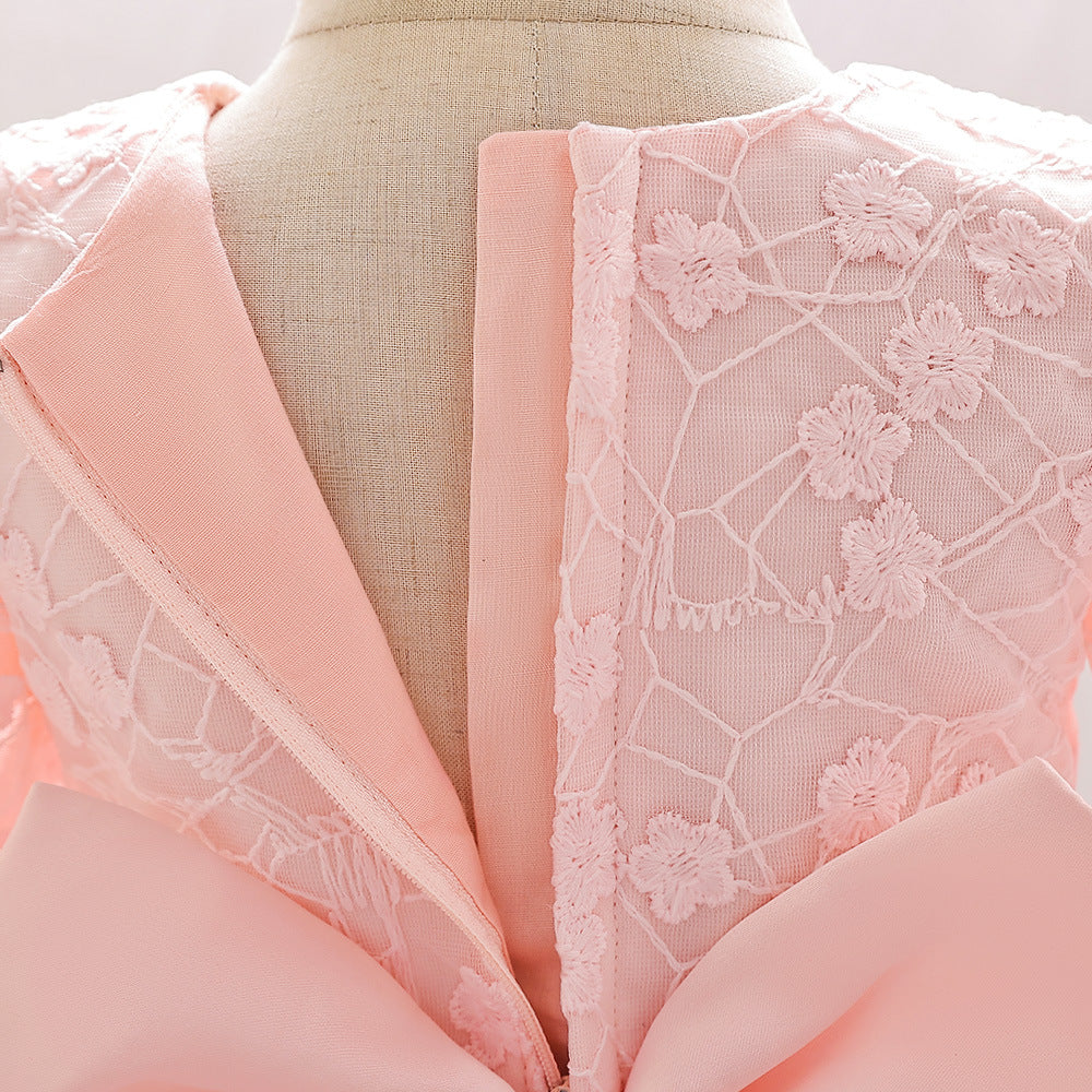 High-Low Baby Tulle Dress with Embroidery & Bow – A-Line Princess Gown