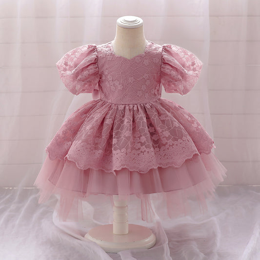 High-Low Baby Tulle Dress with Embroidery & Bow – A-Line Princess Gown