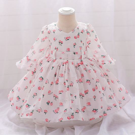 Cute Pink Floral A-Line Baby Dress with V-Neck – 9-24 Months Party & Photo Shoot