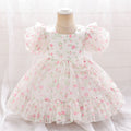 Cute Floral A-Line Tulle Dress with Puff Sleeves