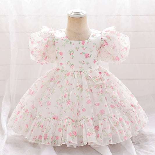 Adorable Floral Tulle A-Line Dress for Baby Girls (9-24M) | Cute Puff Sleeve Knee-Length Outfit