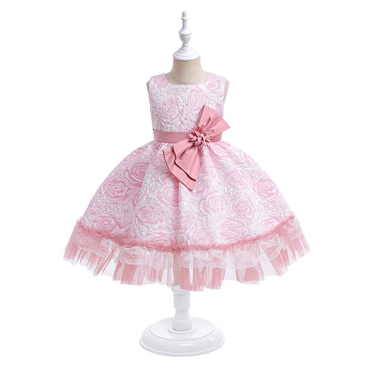 Girls' Flower Bow A-line Tea Length Puff Sleeve Dress | Kids Party & Holiday Outfit