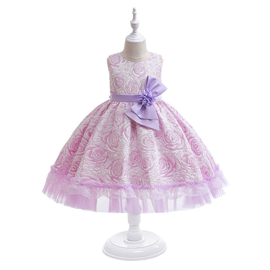 Girls' Flower Bow A-line Tea Length Puff Sleeve Dress | Kids Party & Holiday Outfit
