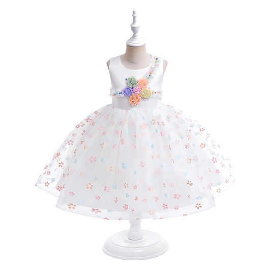 Cute Mesh Floral A-line Kids Dress for Special Occasions – Tea Length White Gown