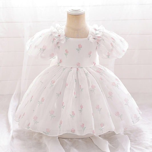 Adorable Floral Print Tulle A-Line Princess Dress for Infants – White Bubble Sleeve Party Gown