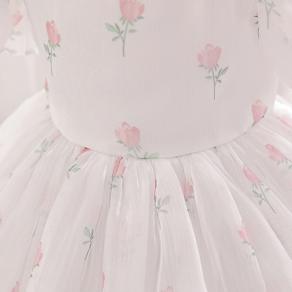 Adorable Floral Print Tulle A-Line Princess Dress for Infants – White Bubble Sleeve Party Gown