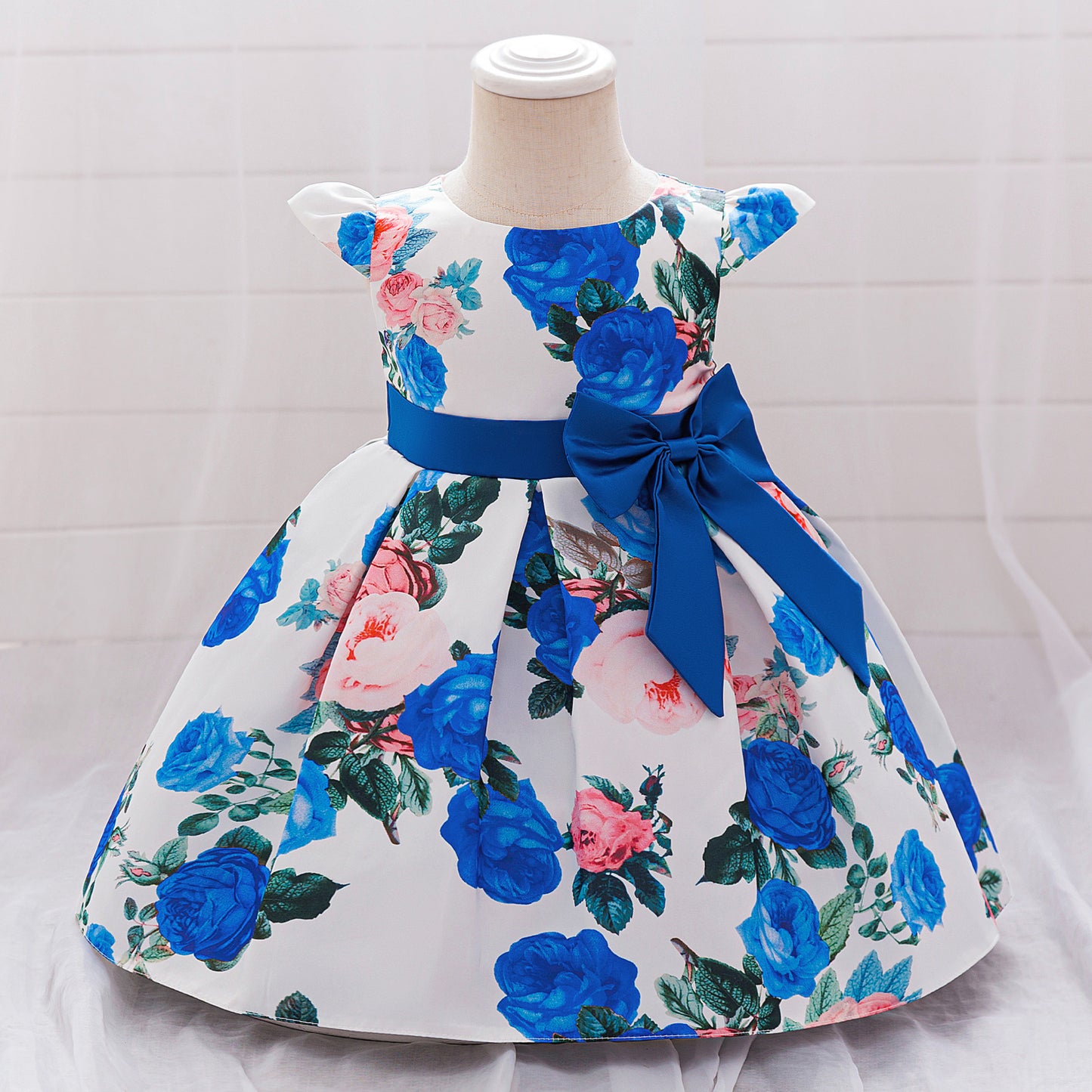 Floral Puffy Princess Ball Gown Dress with Bow – Tea Length, Ages 9M-4Y