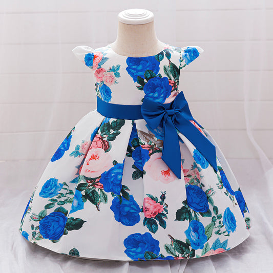Floral Puffy Princess Ball Gown Dress with Bow – Tea Length, Ages 9M-4Y