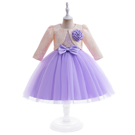 A-line Tulle Princess Dress Set for Girls with Flower & Bow, Ages 3-10