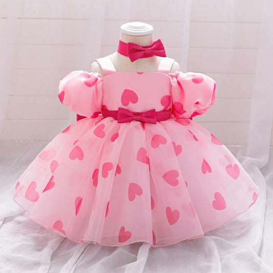 Cute Puff Sleeve Tulle Princess Dress for Girls | Floral Print & Big Bow, Tea Length