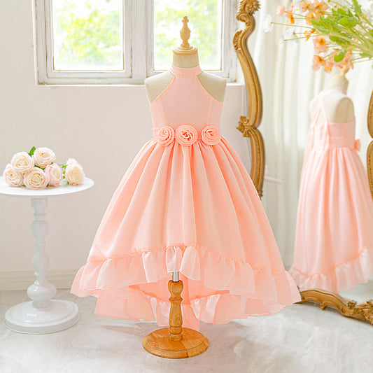 Cute Pink High-Low Halter Neck A-Line Flower Girl Dress for Parties & Celebrations