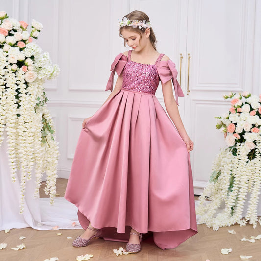 Pink High-Low Off-Shoulder Princess Dress for Girls (Ages 5-13) | Satin & Sequin Celebration Gown