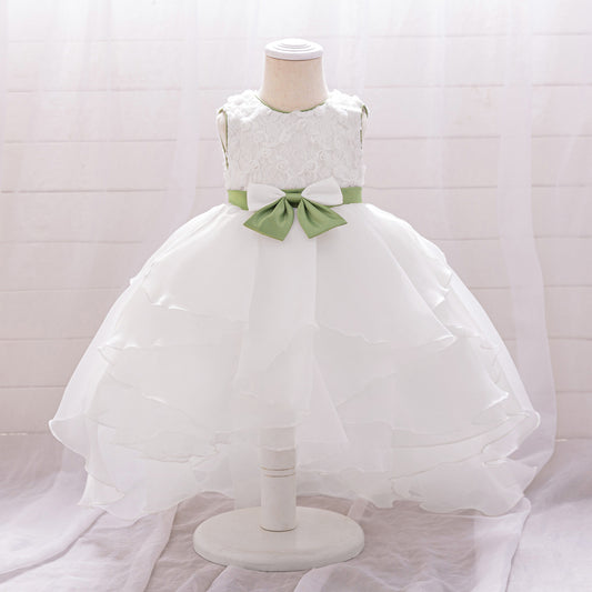 High-Low Puffy White Tulle Princess Dress for Girls – Bowknot & Tiered Skirt