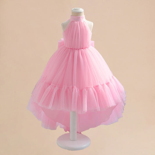 Light Pink Tulle High-Low Halter Dress for Girls | Party & Wedding A-Line Princess Gown