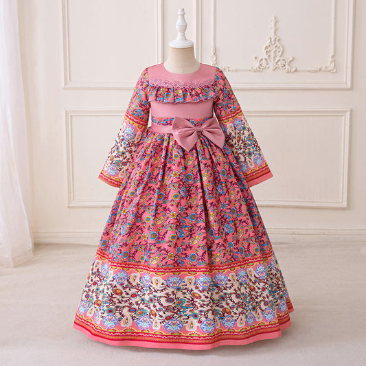 Hot Pink Girls' A-Line Floral Maxi Dress with Bowknot - Party & Wedding