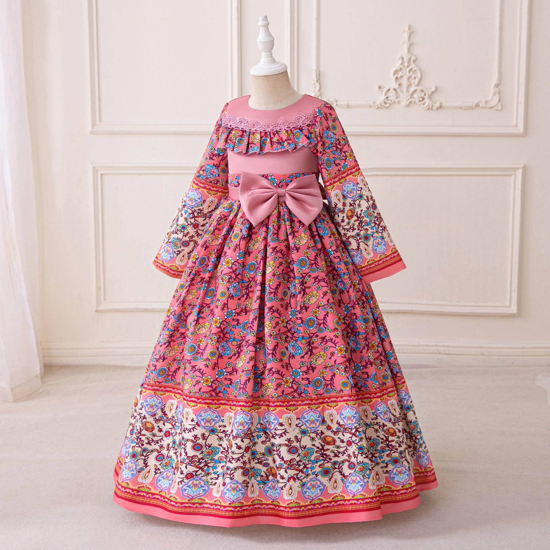 Hot Pink Girls' A-Line Floral Maxi Dress with Bowknot - Party & Wedding